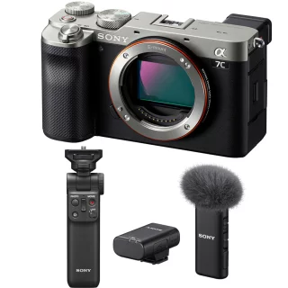 Sony A7C -runko, hopea + Sony ECM-W2BT -mikrofonijärjestelmä + GP-VPT2BT kuvauskahva